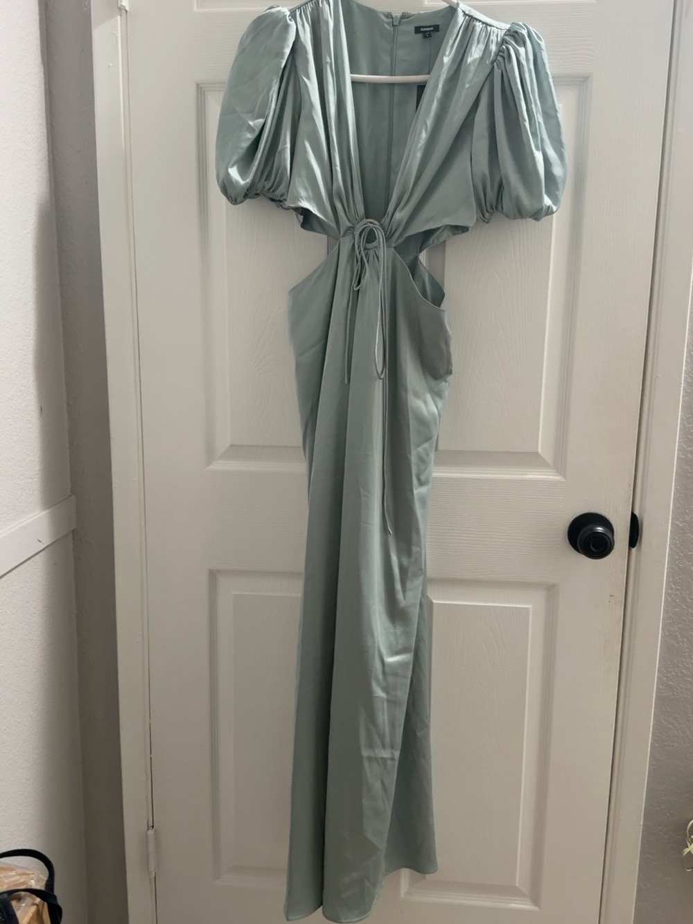 Express Pale Sage Green Puff Sleeve Maxi Dress with Open Side Cutouts